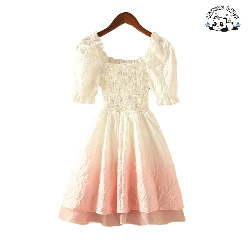 LEZONKIDS - Novo Design de Vestido Elegante para Meninas com Gradiente, Atacado, Colar Quadrado, Mangas Bufantes